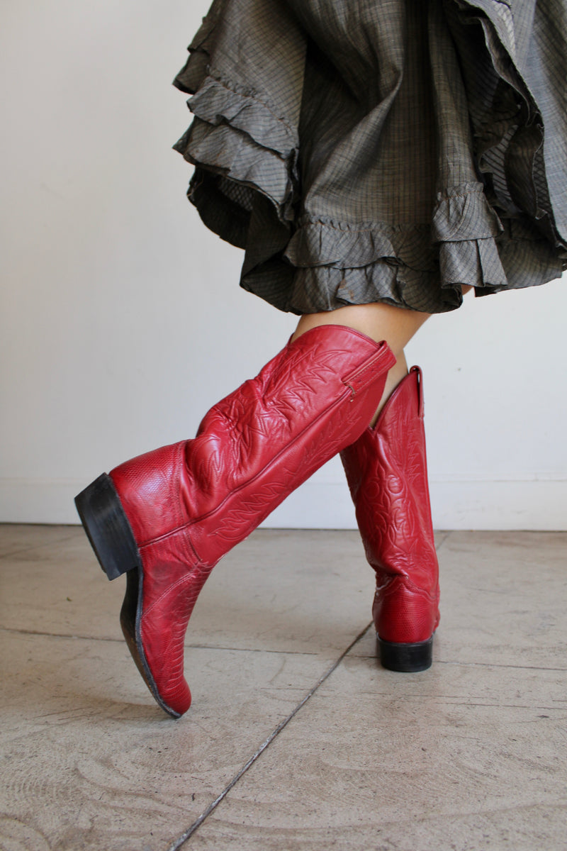 Real Vintage Cowboy Boots, Red Genuine Leather Santiags, Cowgirl