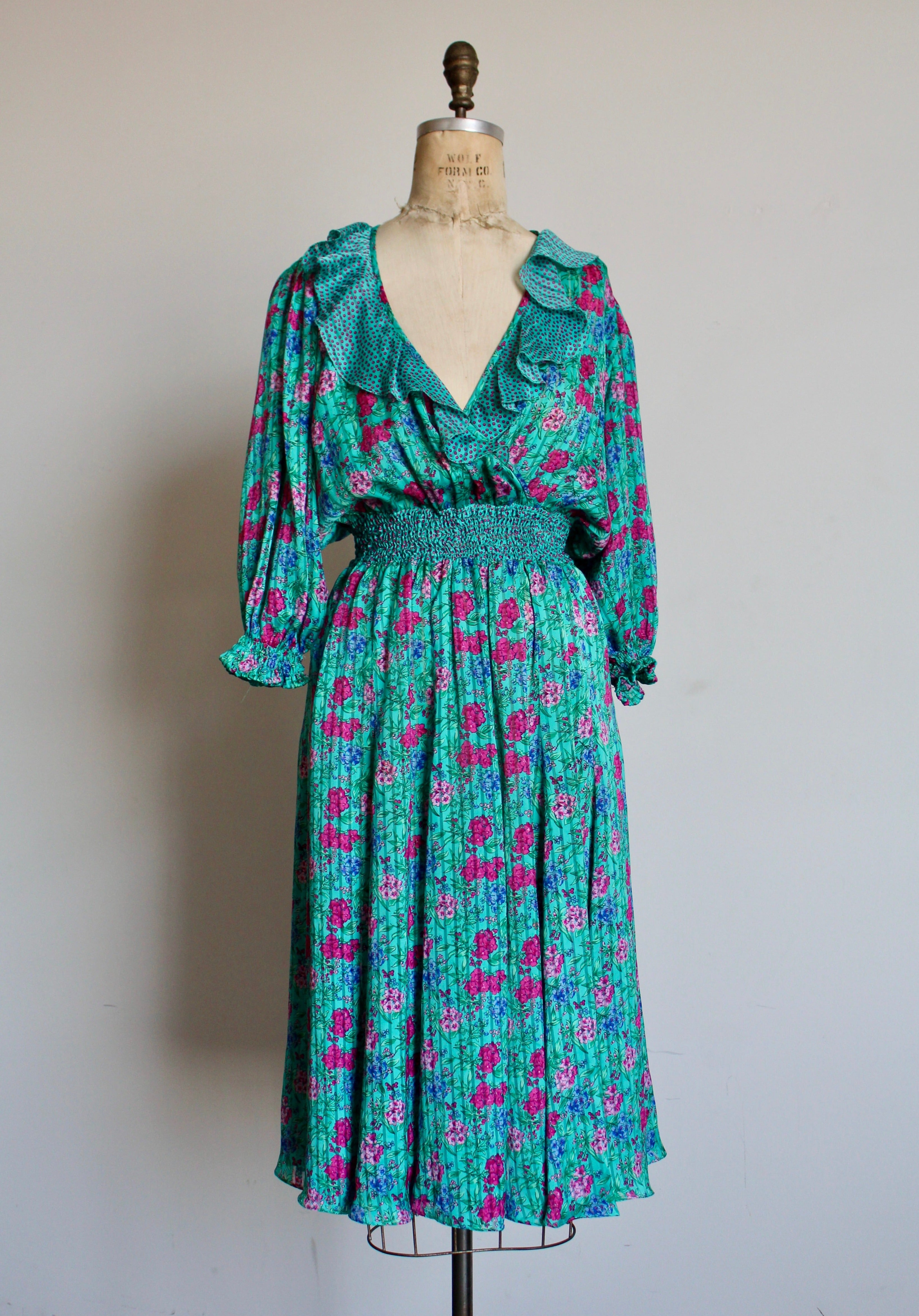 1980s Diane Freis Floral Turquoise Smocked Ruffle Dress 3 Women